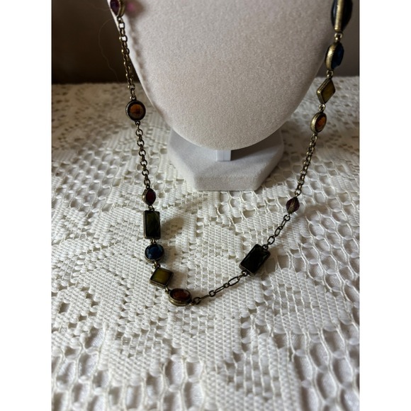 Avon Jewelry - Avon N Ricci Multi Color Faux Gemstone Station Necklace Antique Brass Tone Long